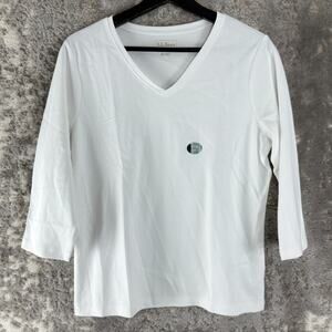 NEW LL Bean Petite Size PM Miniamlist Short Sleeve V Neck White Shirt 3/4 Sleeve